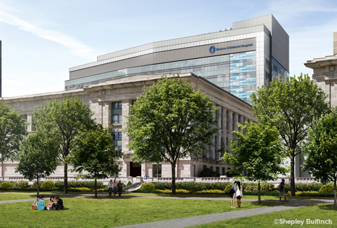 Exterior artist rendering of Boston Children’s Hospital with view of park in foreground.