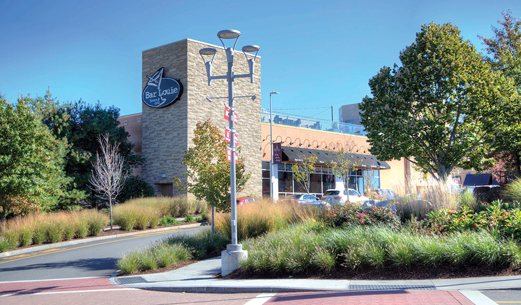 Pedestrian-friendly restaurant at Patriot Place in Foxborough, Massachusetts.