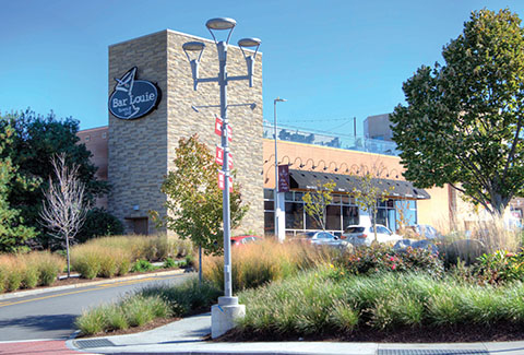 Pedestrian-friendly restaurant at Patriot Place in Foxborough, Massachusetts.