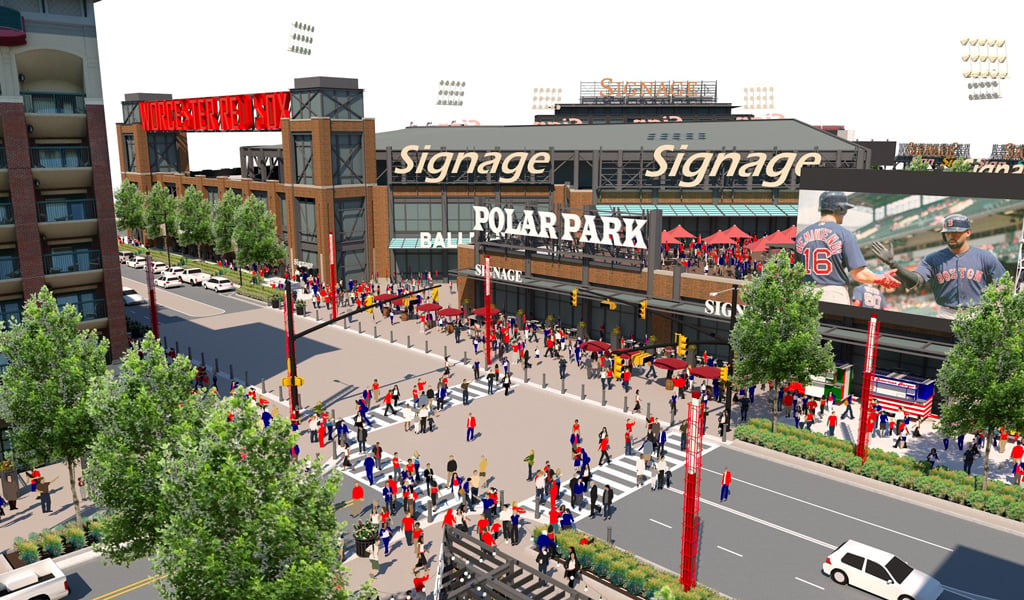 People cross to the stadium in this rendering of Worcester’s Polar Park.