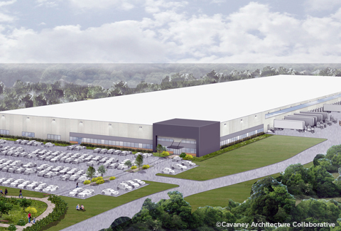 Birds eye view of the speculative warehouse showing parking field, loading areas, and landscape buffers. 