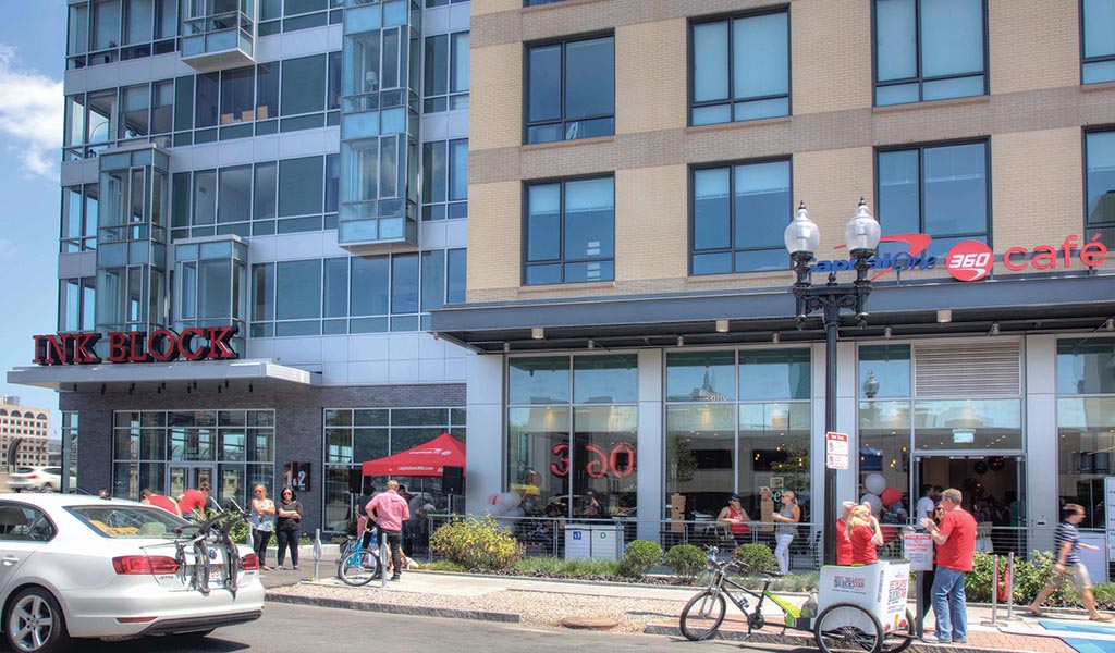 Pedestrian activity at the Ink Block Development in Boston, Massachusetts.