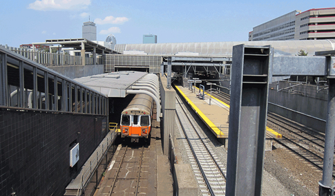 MBTA Orange Line train at Ruggles Station in Boston, Massachusetts.