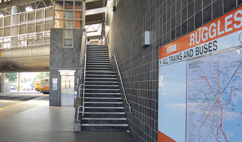 Stairs at MBTA Ruggles Station in Boston, Massachusetts.