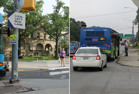 A woman crosses the street in the crosswalk and A man gets on a bus while a car is stopped behind it