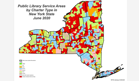 New York State Map with multiple colors outlining charter service areas.