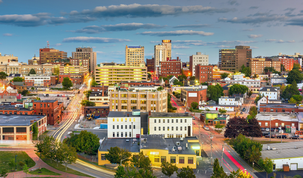 Portland, Maine downtown skyline at twilight.