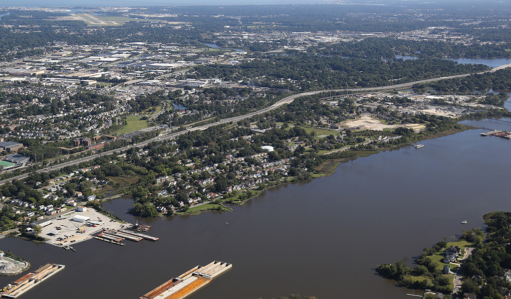 Aerial view of the Ohio Creek Watershed and living shoreline.