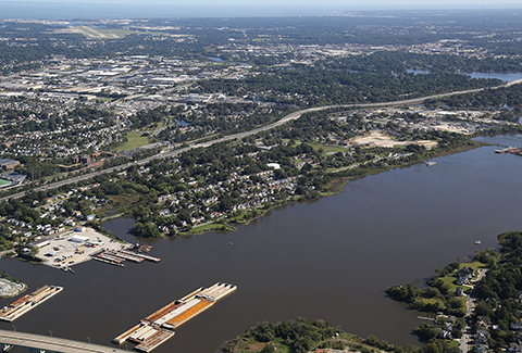 Aerial view of the Ohio Creek Watershed and living shoreline.