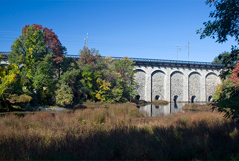 Wetlands lie in the foreground of a stone railway bridge.