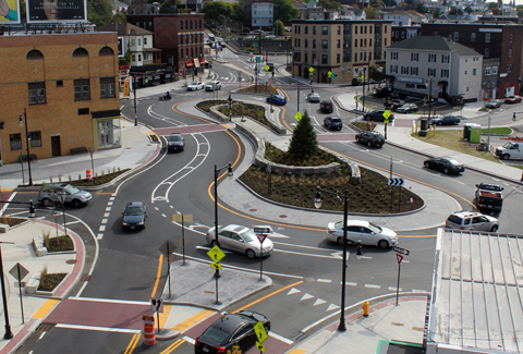 The new hybrid roundabout offers clearly defined traffic patterns, increased traffic calming efforts, and enhanced safety.