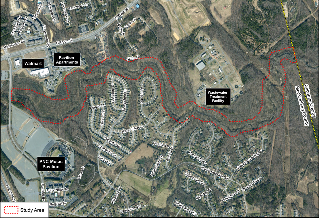 Aerial map of the study area outlined in red that begins at Pavilion Boulevard and extends to the Cabarrus County line.