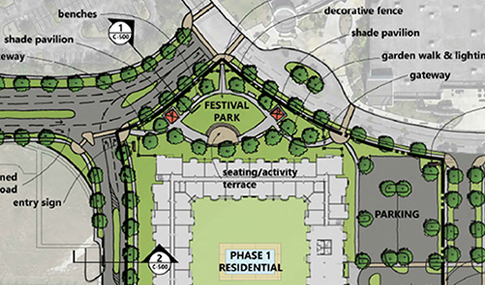 An aerial depiction of a parking lot, trees and development parcels