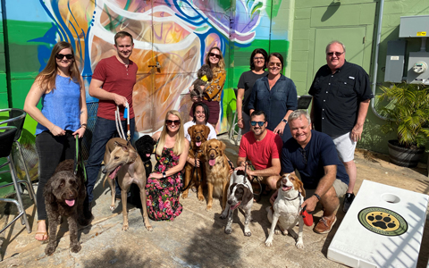 A group of co-workers at an outdoor brewery are dressed casually and posed with their dogs. 