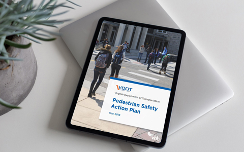 Image 1 – The cover of the VDOT Pedestrian Safety Action Plan on a computer tablet.