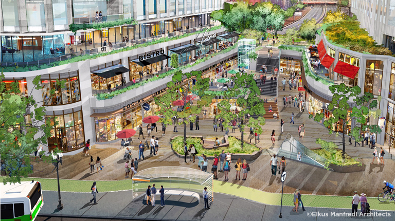 Perspective rendering showcasing renewed streetscape, multimodal options, and public plaza included in the Parcel 12 development in Boston, MA.