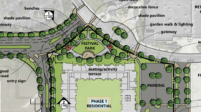 Alt Text, 125 characters or less: An aerial depiction of a parking lot, trees and development parcels