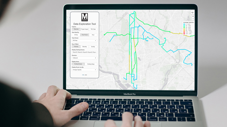 The DataTripper tool for WMATA that shows average capacity of ridership among various WMATA bus routes.