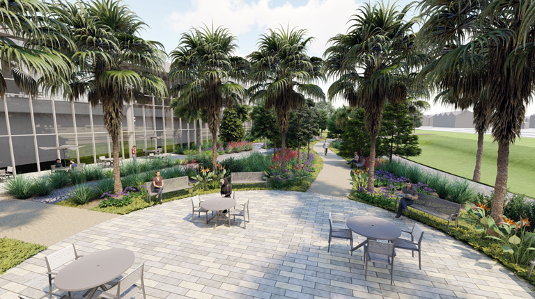 A color rendering of a garden patio area outside a hospital with benches, tables and chairs surrounded by lush tropical plantings. 