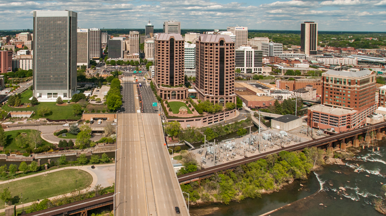 View of the City of Richmond skyline from the Manchester Bridge.