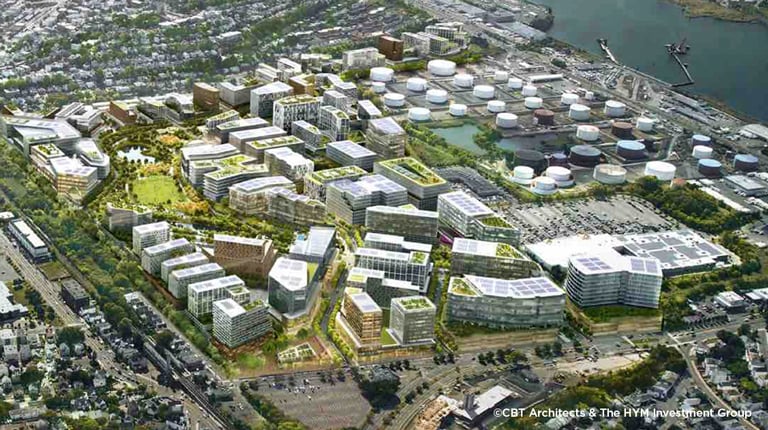 Aerial view of a Suffolk Downs redevelopment rendering