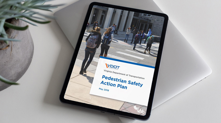 Image 1 – The cover of the VDOT Pedestrian Safety Action Plan on a computer tablet.