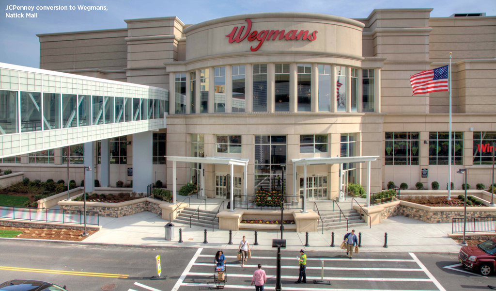 Bird’s eye view of the Wegmans exterior depicting the crosswalk with pedestrian and shopping carts. 