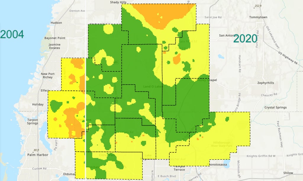 this excerpt from a virtual mapping tool shows how wetland health improved in Northern Tampa Bay following a 50% reduction in regional groundwater pumping. Orange areas show signs of environmental impacts, while green areas are healthy.   