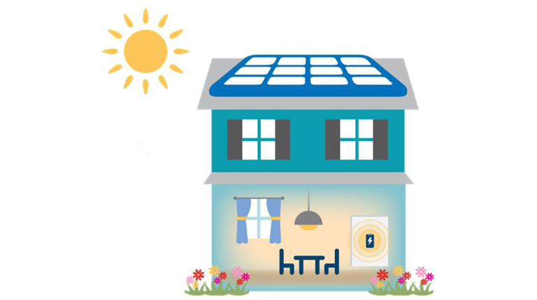 A residential home with a solar panel on the roof and a battery storage unit inside.