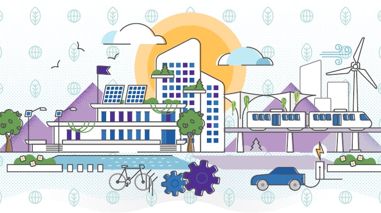 Illustration containing a variety of transportation modes including passenger rail, streets, highways and bikes as well as electric vehicle charging stations, solar energy panels affixed to urban buildings and wind turbines that power our nation.